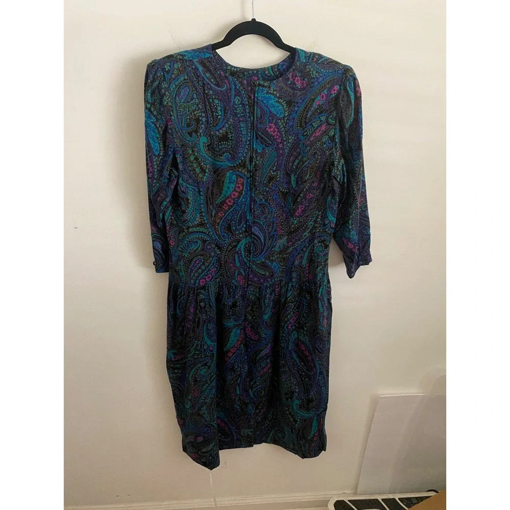 La Chemise Vintage 80s Paisley Drop Waist Midi Dress Teal Purple Magenta Size 12